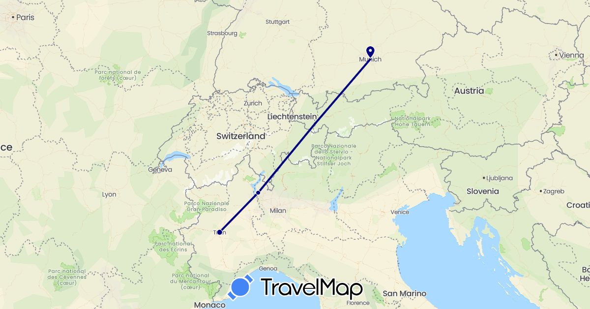 TravelMap itinerary: driving in Germany, Italy (Europe)